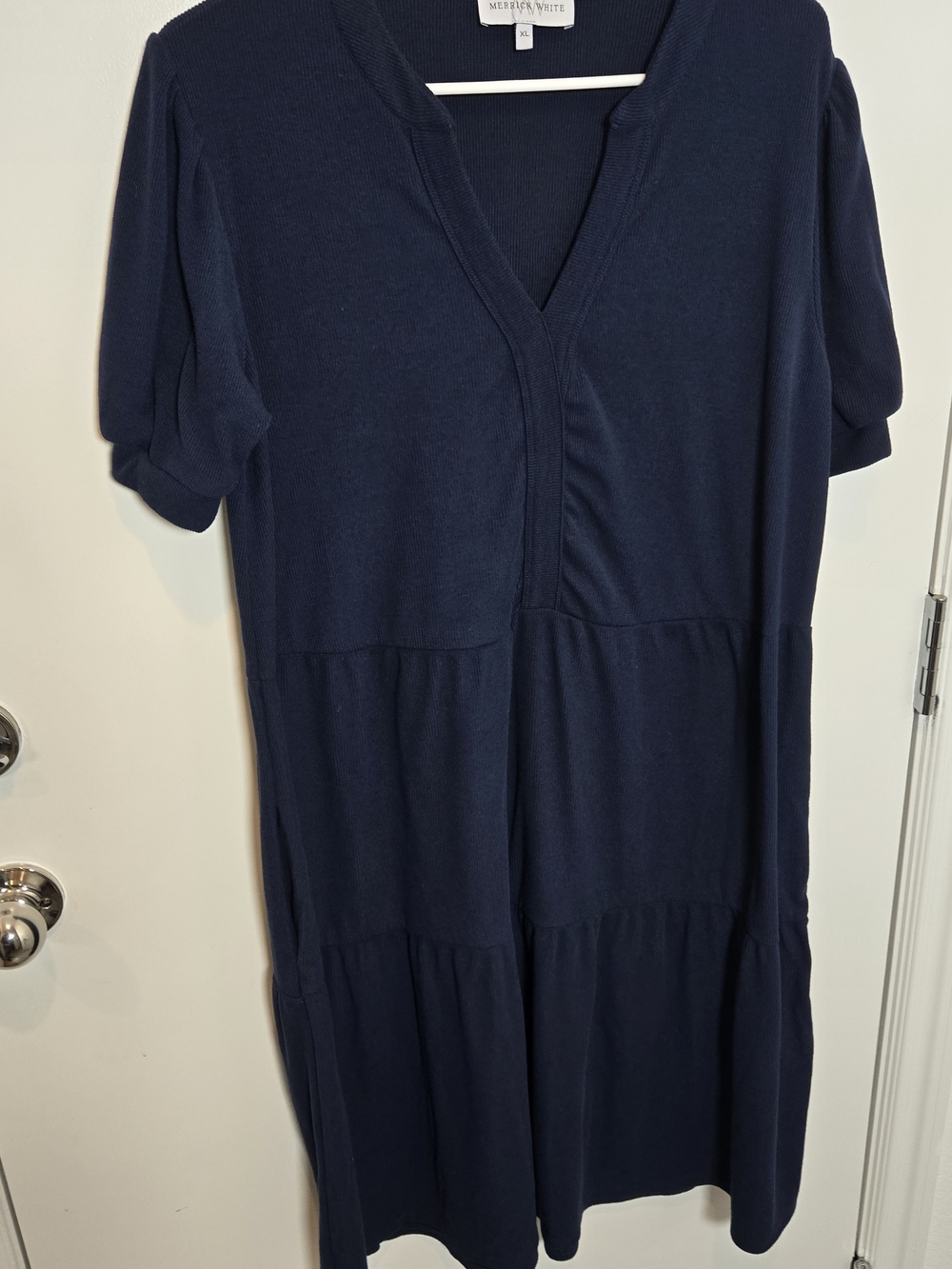 Merrick White Navy V-Neck Tiered Knit Dress